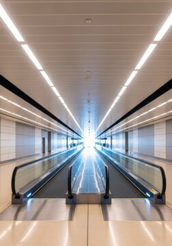 Empty moving walkways in modern airport terminal corridor. Symmetrical view along travelators in bright transit hall. Passenger transport infrastructure. Urban public transportation.
