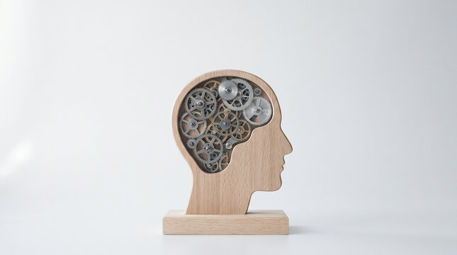 Wooden human head sculpture with metal gears inside, innovation and artificial intelligence concept