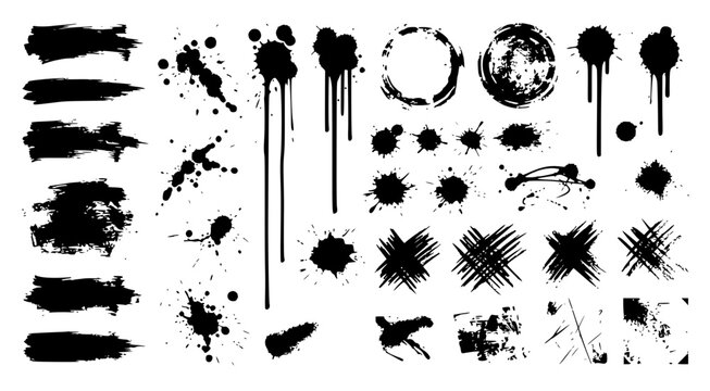 Collection of black ink splatter and grunge brush stroke set with simple line art design featuring sketches, drawings, vector graphics with minimalist and simple illustrations