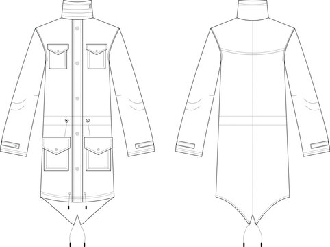 Technical fashion flat sketch of a long unisex winter parka jacket with a high collar and fishtail hem