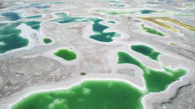 Aerial view of colorful salt lakes and emerald pools in Dachaidan, Qinghai, China