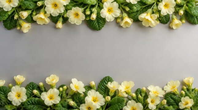 Primrose Flower Borders on Gray Background with Copy Space