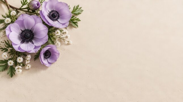 Purple Anemone Flowers on Cream Background with Copy Space