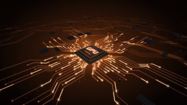 Glowing GPU chip on a futuristic circuit board with orange light trails, representing data flow and technology