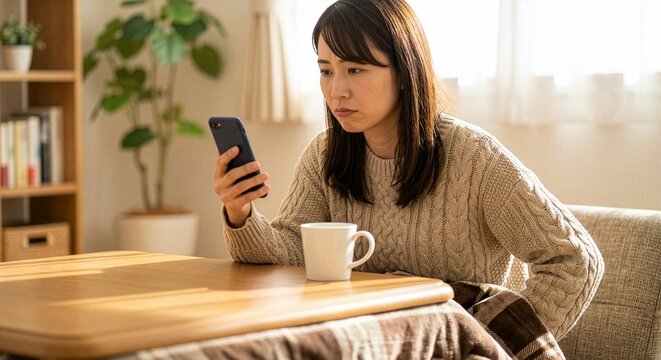 こたつでスマートフォンで求人情報を見る30代女性 転職を考えるイメージ
