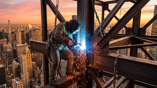 Professional welder working on skyscraper steel frame during sunset