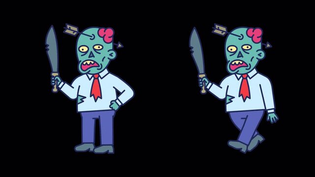 Businessman zombie holds machete and walks. Transparent background