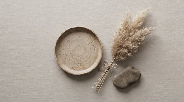 Minimalist flat lay with ceramic dish, pampas grass, and stone on linen background