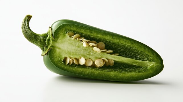 A fresh green jalape?o chili pepper cut in half lengthwise, showing the stem, internal seeds, and light green flesh, isolated on white