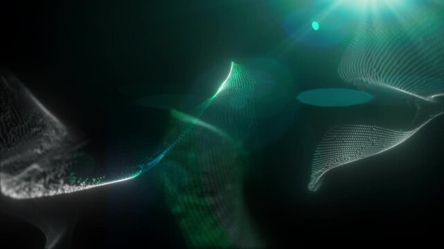 4K Silver Particle Ribbons with Teal Light Flare Isolated on Black. Abstract Shimmering Wave Background Video for Elegant Wedding Titles, Holiday Greetings and Overlays