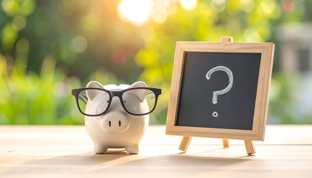 White piggy bank wearing glasses beside a question mark chalkboard, illustrating personal finance questions, savings goals, investment choices, budgeting, and financial decision-making.