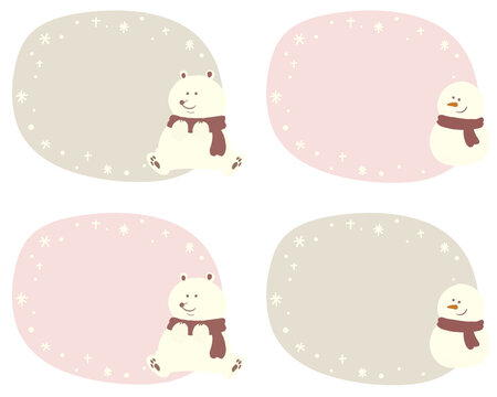 冬フレームセット　雪だるまと白クマ　ピンクグレージュ