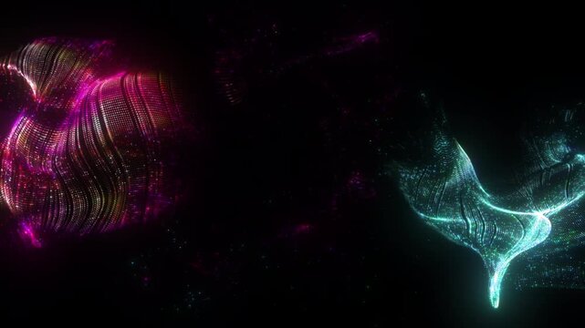 4K Magenta and Cyan Light Ribbons with Golden Accents Isolated on Black. Abstract Flowing Particle Background Video for Festive Overlays, Titles and Motion Graphics