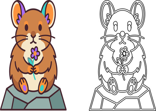 Cute chinchilla hamster illustration sitting rock holding flower dual version colored outline vector icon isolated brown orange teal cartoon