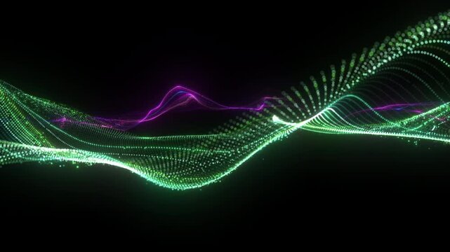 4K Green and Cyan Particle Waves with Purple Light Trails Isolated on Black. Abstract Luminous Ribbon Background Video for Celebration Titles and Motion Graphics