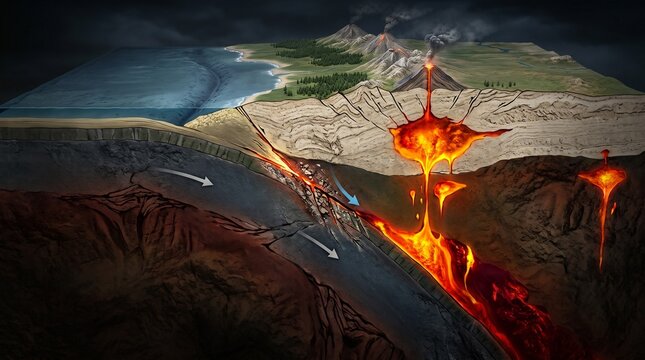 Geological Cross Section of Tectonic Plate Subduction and Magma Formation