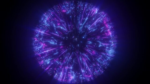 4K Blue and Purple Energy Ring with Glowing Radial Light Streaks Isolated on Black. Abstract Neon Particle Background Video for Celebration Intros and Logo Reveals