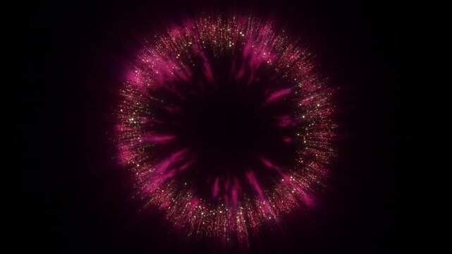 4K Pink Glowing Particle Ring with Golden Sparkles Isolated on Black. Abstract Radial Halo Background Video for Celebration Intros, Overlays and Logo Reveals