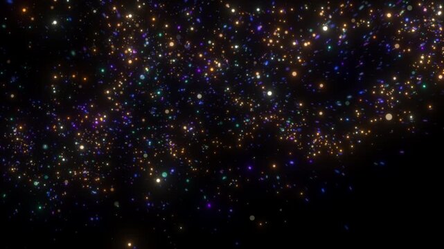 4K Colorful Bokeh and Golden Glitter Particles Isolated on Black. Glowing Festive Lights Background Video for Christmas, Weddings and Anniversary Greetings