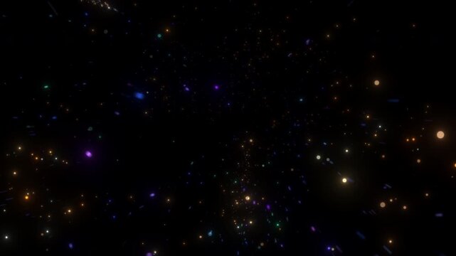 4K Colorful Bokeh and Golden Glitter Particles Isolated on Black. Glowing Festive Lights Background Video for Christmas, Weddings and Anniversary Greetings
