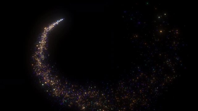 4K Glowing Comet Arc with Golden Glitter Dust on Black. Abstract Curved Particle Trail Video Background for Motion Graphics, Overlays and Title Reveals
