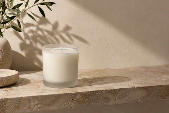 Unlabelled candle jar on a travertine shelf