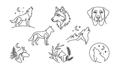 Obraz premium Howling Wolf and Dog Continuous Line Art Vector Illustration