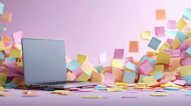 Laptop computer buried in pastel sticky notes representing workload stress and organization