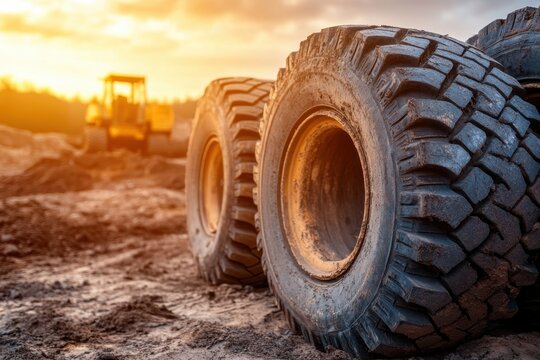 Old Construction Tires Under Warm Sunlight Near Machinery