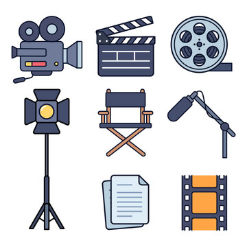 Filmmaking Icons Camera, Clapperboard, Film Reel, Spotlight, Director's Chair, Microphone, Script