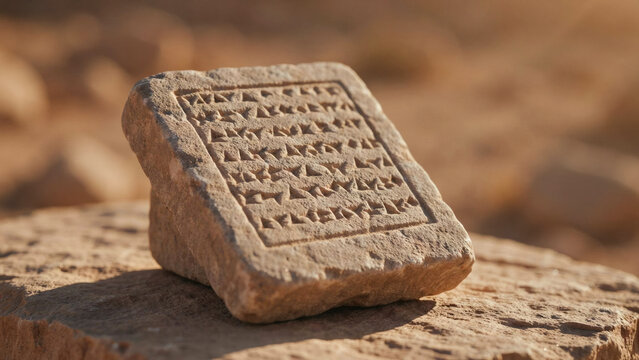 Ancient clay tablet with cuneiform inscriptions resting on rough desert sandstone ground.