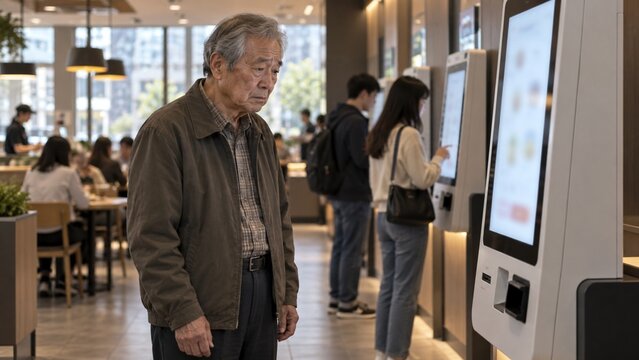 Senior Korean Man Using Self Service Kiosk in Modern Restaurant