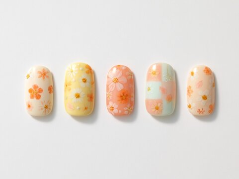 Pastel Floral Nail Art Designs Displayed on White Background