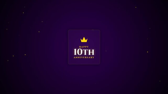Happy 10th anniversary typography with a golden crown icon floating against a dark purple background
