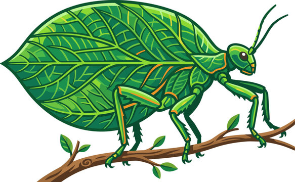 Colorful green leaf insect illustration perched branch camouflage mimicry tropical wildlife vector icon isolated vibrant teal orange cartoon nature bug exotic
