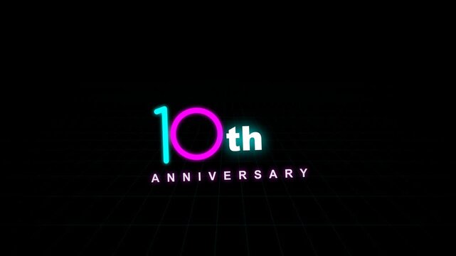 Tenth anniversary text animation glowing with neon light on a dark retro grid background for celebratory events and business milestone videos