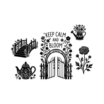 Keep calm botanical gate floral teapot watering can silhouette illustration, Botanical gate floral teapot set silhouette