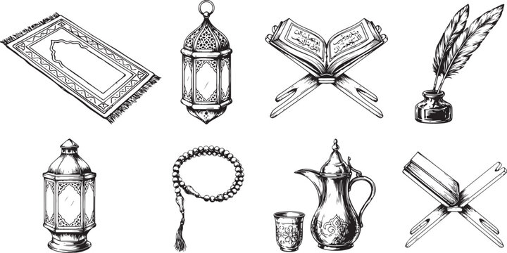 Islamic culture prayer rug lantern holy quran pen ink set beads teapot graphic elements black sketch icons for religious ritual.