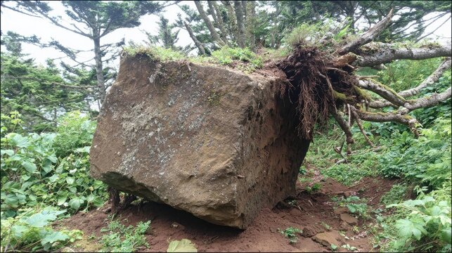 Massive landslide block with tilted earth and exposed tree roots in a forested natural environment