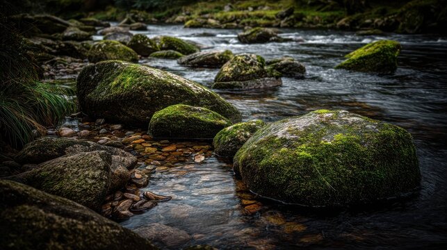 Moss covered rocks lining a babbling brook with smooth water flowing over stones