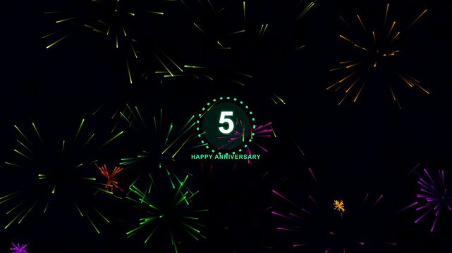 Happy anniversary fifth year celebration video background with glowing number five and colorful fireworks bursting in dark night sky