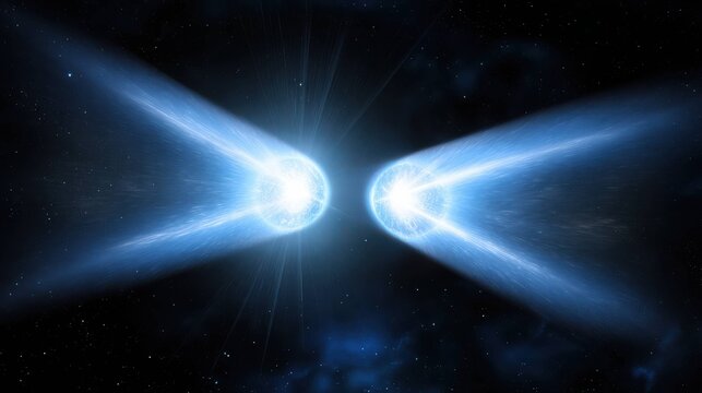 Two glowing pulsars emitting bright blue beams of cosmic energy across the starry expanse