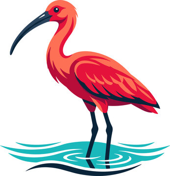 Scarlet ibis bird illustration wading tropical wildlife red feather long beak exotic vector icon isolated water nature standing wetland aquatic