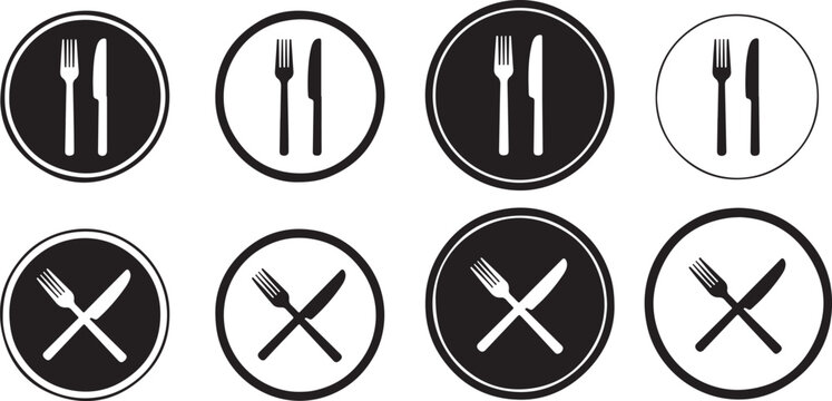 Black restaurant icon set featuring fork and knife inside circles in parallel and crossed positions for dining establishment signage.
