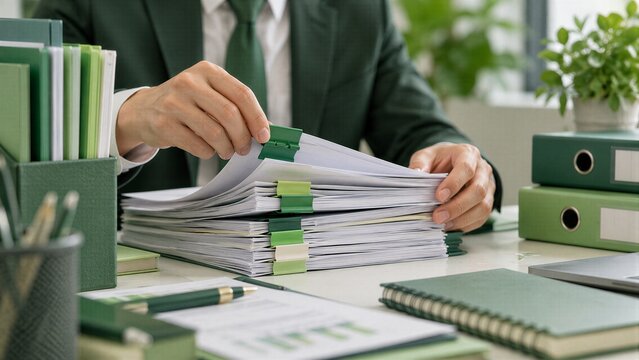 Businessman organizing paperwork and documents with colorful clips on an office desk, representing efficient administration, filing, and classification.