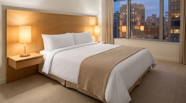 Cozy modern hotel bedroom interior with made bed and evening city window view