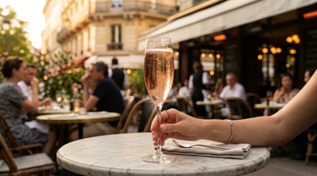 Hand holding sparkling ros? on a marble cafe terrace table