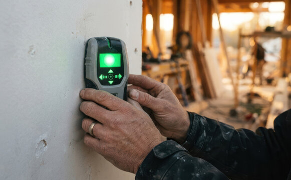 Professional worker using electronic stud finder on drywall during home renovation and construction