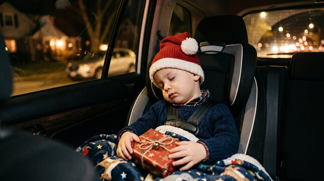 Tired child in car seat wearing Santa hat sleeping with Christmas gift on lap at night