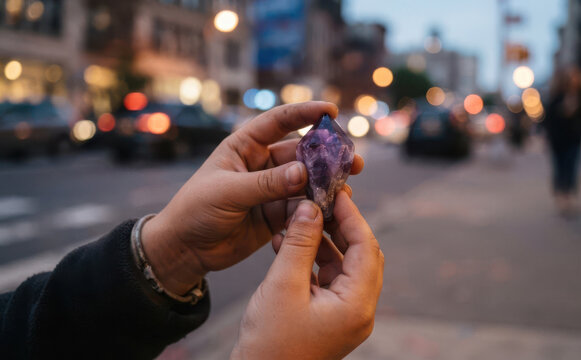 Person holding an amethyst crystal in hands on a city street at dusk with bokeh lights